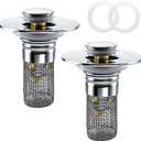 Bathroom Sink Drain Strainer, Pop-up Sink Drain Strainer with Removable Stainless Steel Strainer Basket Hair Catcher, Bathroom Sink Stopper,2 Packs
