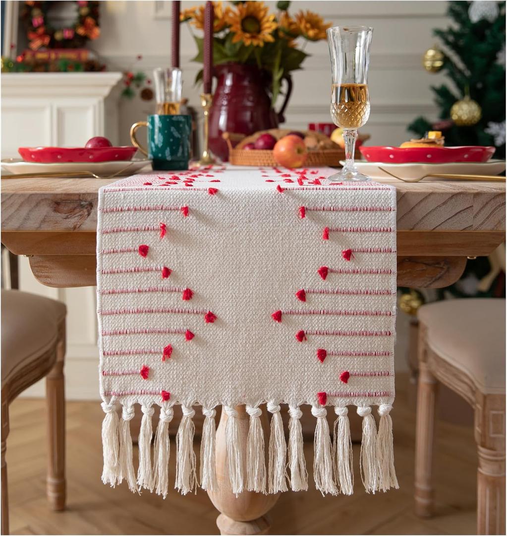 Christmas Table Runner 13 x 108 Inch Long Natural Cotton Woven Runner with Tassels for Home Dining Christmas Decorations, for Modern Farmhouse Holiday Boho Table Runner, Red and Beige