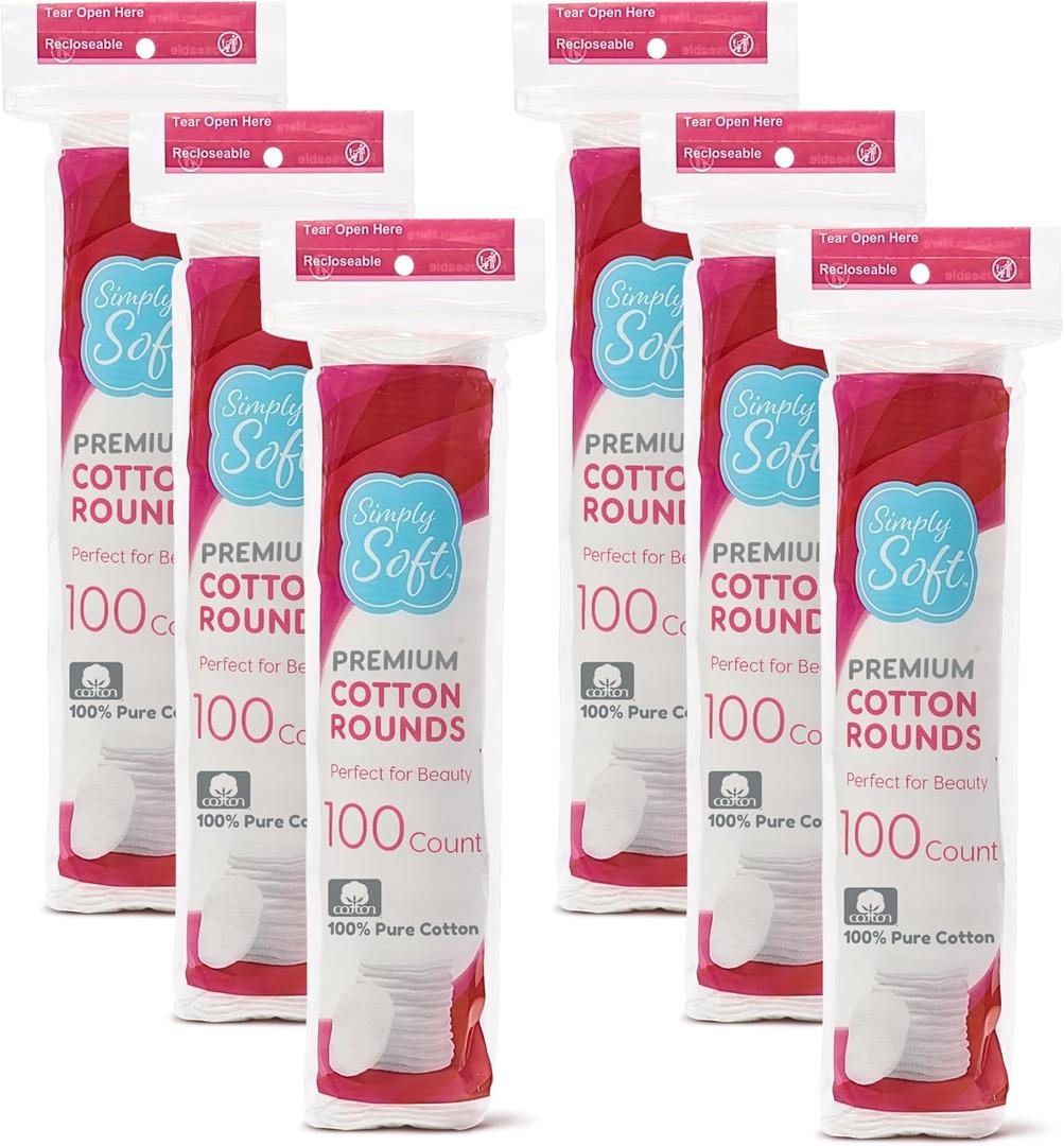 Simply Soft Premium Cotton Rounds, 100% Pure Cotton, Absorbent Cotton Pads, 100 Count (Pack of 6)