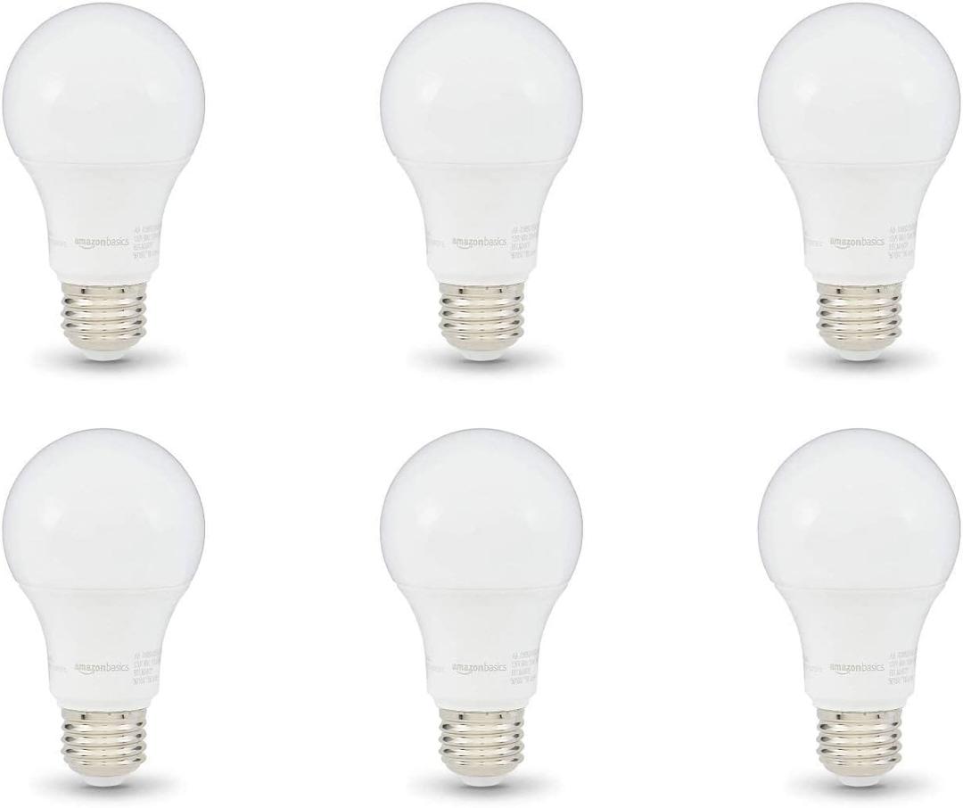 Amazon Basics A19 LED Light Bulbs, 60 Watt Equivalent, Energy Efficient 9W, E26 Standard Base, Daylight White 5000K, Dimmable, 10,000 Hour Lifetime , 6-Pack