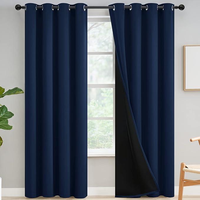 Yakamok Navy Blue Curtains 100% Blackout Curtains for Living Room - Grommet Thermal Insulated Full Room Darkening Block Out Curtains with Black Liner for Bedroom, Set of 2 Panels, W52 x L84 Inch
Navy Blue 