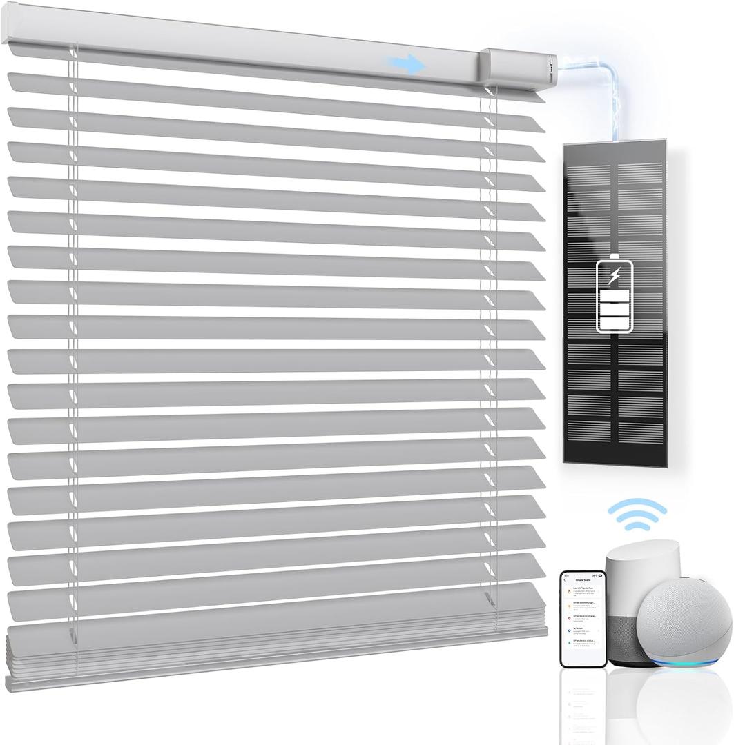 Motorized Blinds with Remote Control, Solar Powered Blackout Shades, Smart Horizontal Window Blinds Cordless for Alexa, Electric Automatic Blind (Silver,33" W x 64" H)