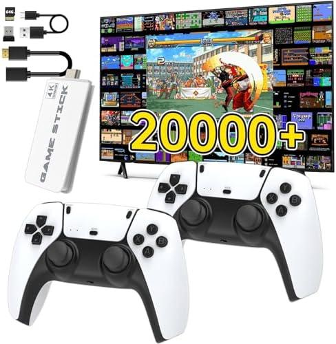 Wireless Retro Game Console, Retro Game Stick with Built-in 23 Emulators, 64GB,20,000+ Games, 4k Hdmi Output, and 2.4GHz Wireless Controller, Plug and Retro Play Video Games for TV（White），Two