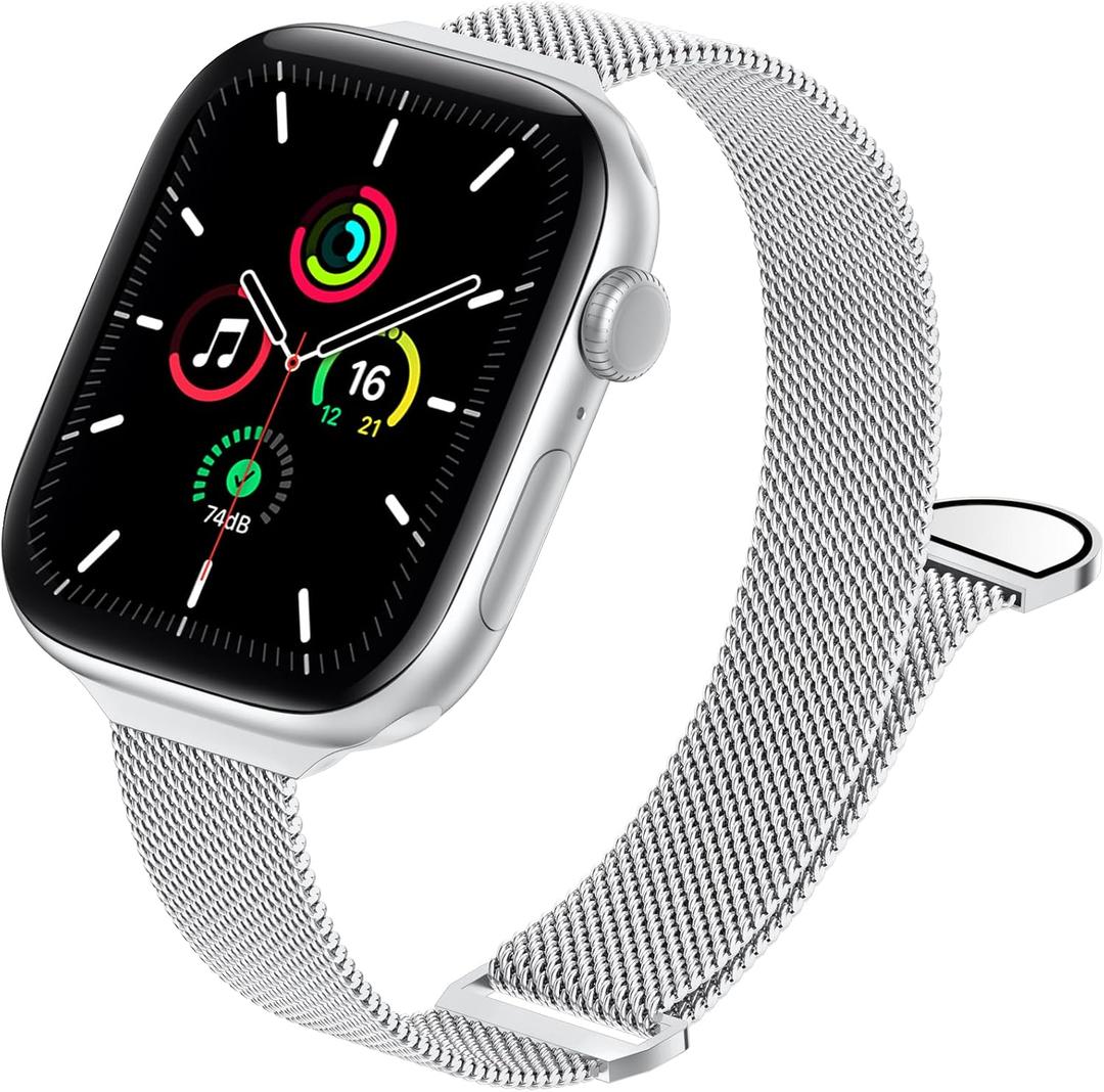JKD Thin Metal Band Compatible with Apple Watch Bands Women 40mm 41mm 38mm 42mm, Magnetic Stainless Steel Mesh Strap for iWatch SE/SE 2 Apple Watch Series 10 9 8 7 6 5 4 3 Ultra Women & Men Silver