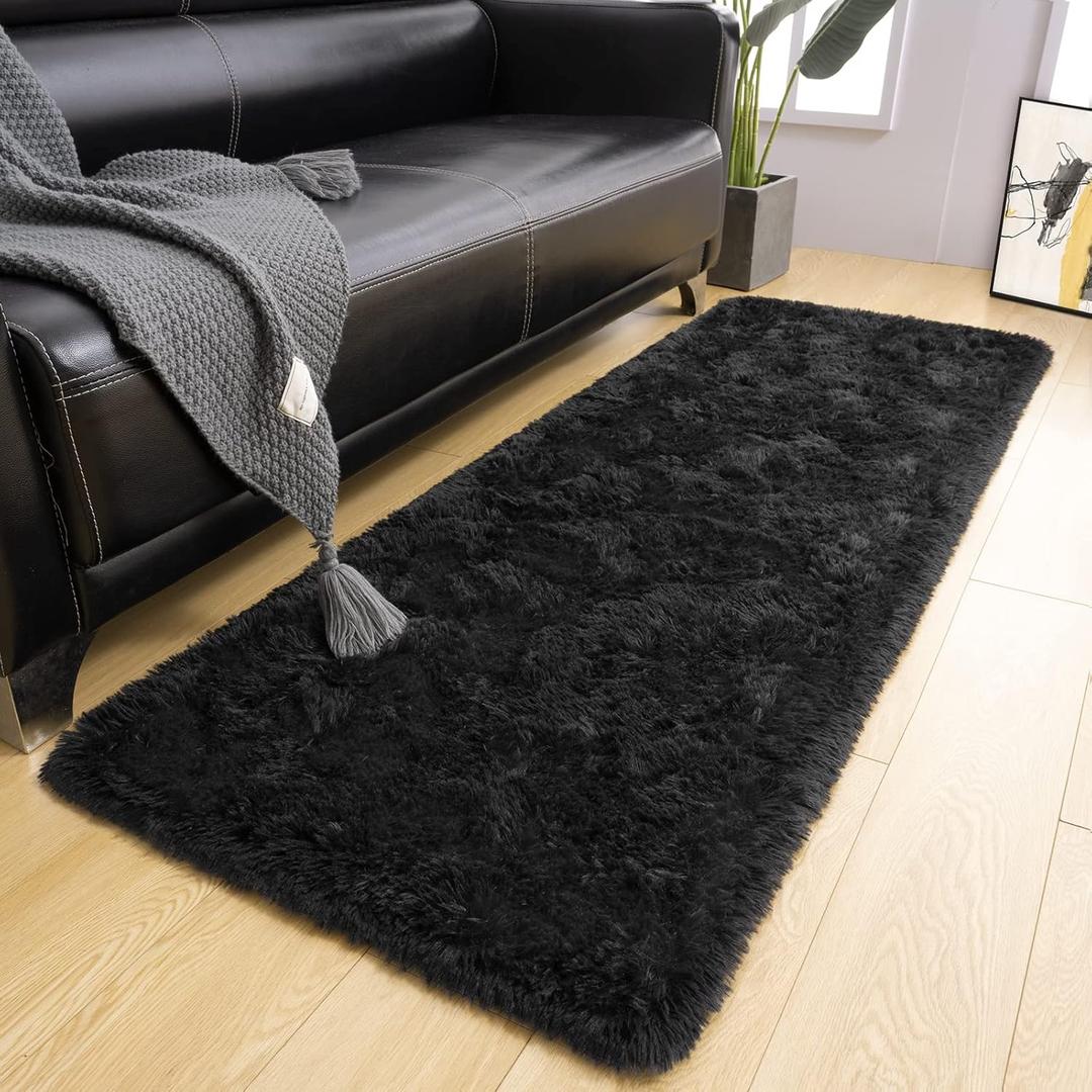 LOCHAS Ultra Soft Indoor Modern Area Rugs Fluffy Living Room Carpets for Children Bedroom Home Decor Nursery Rug 2x8 Feet, Black
