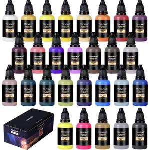 Airbrush Paint, Henyiewl 28 Colors Airbrush Paint Set (30 ml/1 oz), Opaque & Water-based Acrylic Air Brush Paint Kit Includes Metallic and Neon Colors, Premium Airbrush Paints for Artists, Beginners,