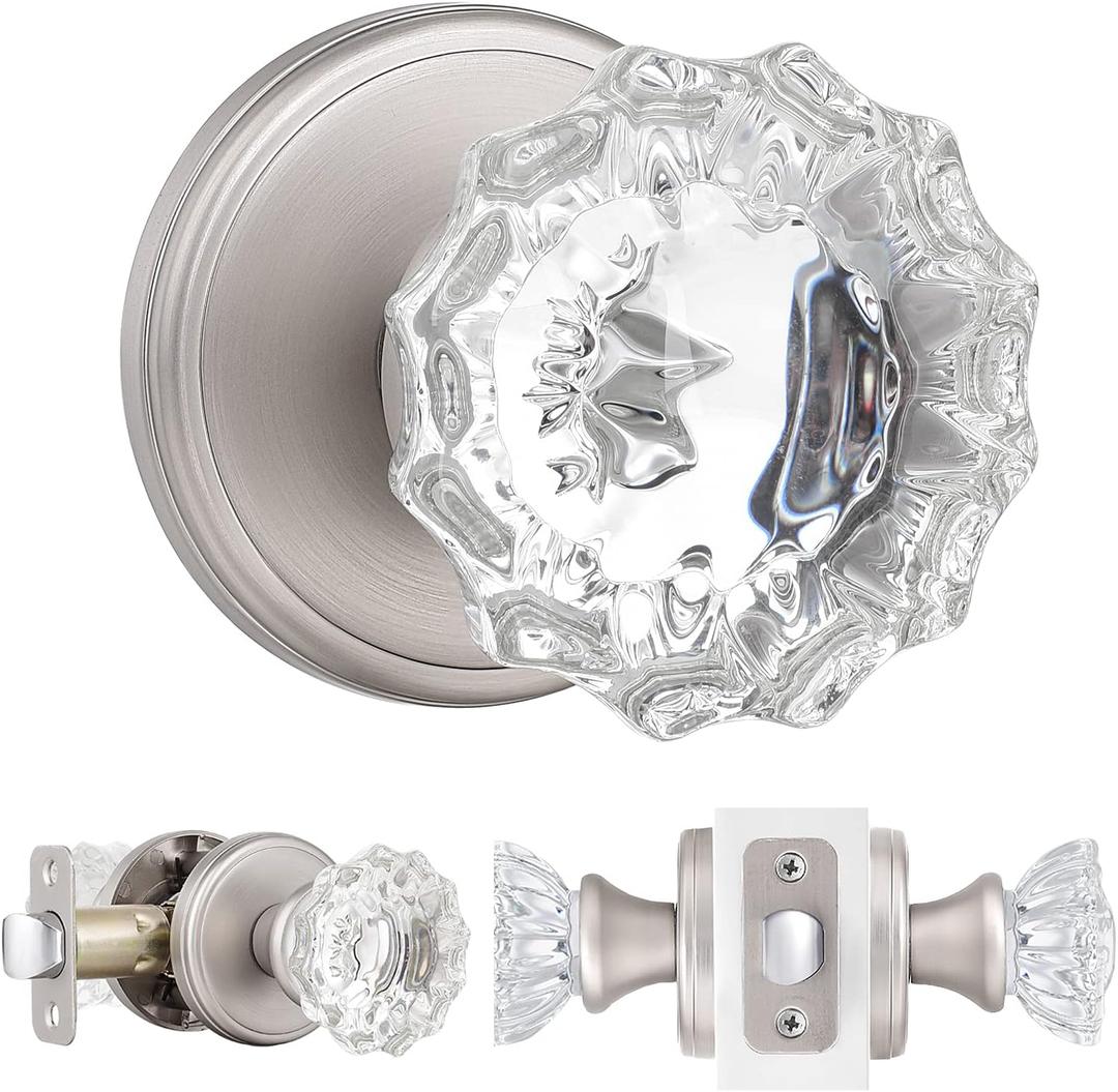 Glass Door Knobs Interior, Passage Crystal Door Knobs for Hall, ClosetSatin Nickel, 1 Pack
