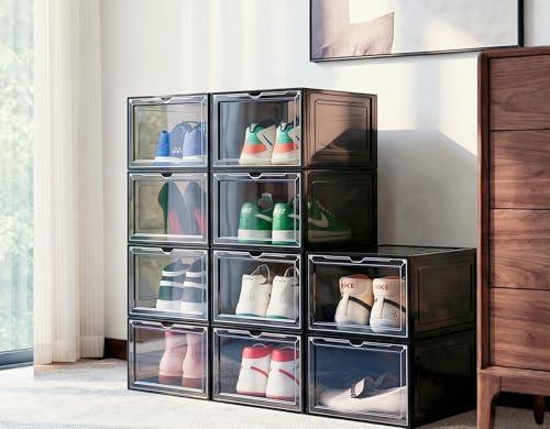 JECCICHY 10 Pack Black Shoe Storage Boxes Stackable, Plastic Shoe Boxes with Lids, Sneaker Storage, Transparent, Thick Hard, Drop Front Door, Within US Size 13, Size: 13.54”x10.63”x7.49”