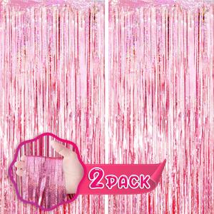 Laser Pink Tinsel Foil Fringe Curtains 2 Pack, Valentines Day Pink Decorations, Metallic Tinsel Party Streamers Backdrop for Birthday Bachelorette Graduation Wedding Party