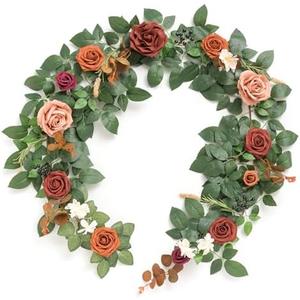 Ling's moment 5FT Terracotta Artificial Flower Garland Rose Eucalyptus Leaves Fall Floral Garland Burnt Orange Arch Flowers Vine for Wedding Party Backdrop Decor Mantel Table Centerpieces Decorations