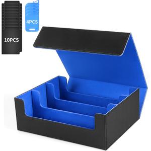 Card Storage Box For Trading Cards1800+, PU Leather Magnetic Closure Storage Box with 10PCS Divider, Card Deck Box Fit MTG, and Sport Cards (Black Purple) (Black Blue)