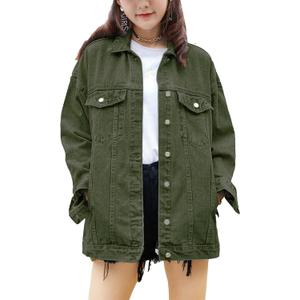 SeekMe Women's Oversized Jean Jacket Plus Size Button Down Washed Mid Long Denim Jacket (X-Large, Green)