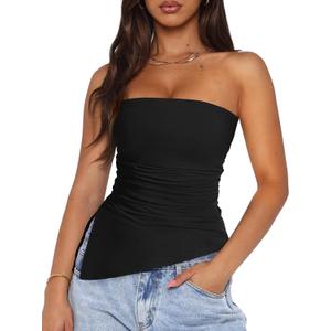 PRETTYGARDEN Tube Tops for Women Trendy Summer 2026 Spring Fashion Going Out Y2K Clothes Asymmetrical Ruched Strapless Shirts (Black, S)