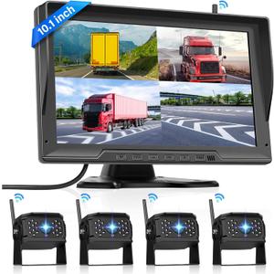 1080P Wireless Backup Camera Digital System Kit, Hodozzy 10.1 Inch HD 4 Quad Split Screen Reversing Monitor with Loop Record, Night Vision/IP68 Waterproof/Rear View Camera RV/Truck/Trailer/Bus/Camper