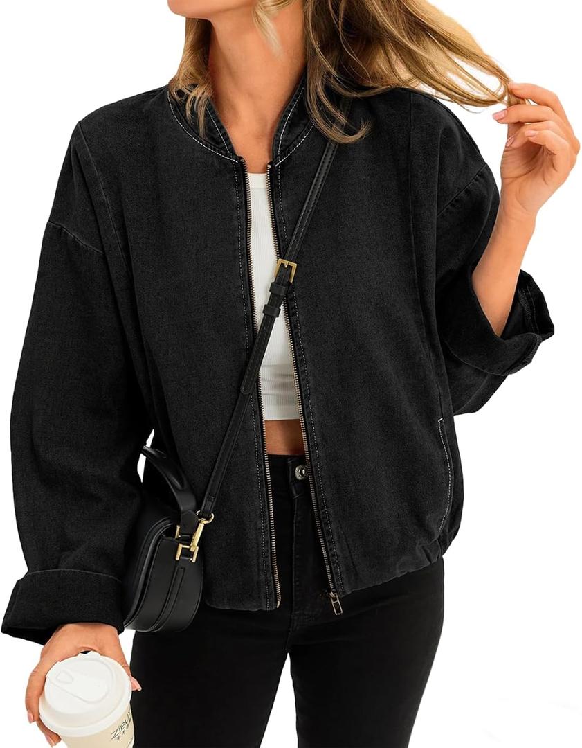 Tankaneo Womens Denim Bomber Jacket Lightweight Zip Up Short Jean Jacket Fall Casual Shacket Outerwear (X-Large, Black)