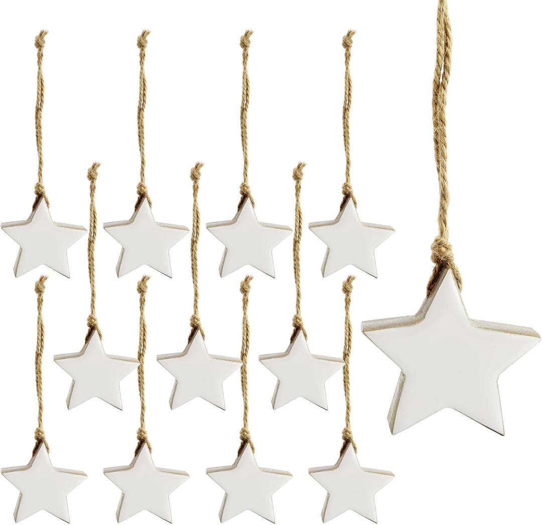 AuldHome Design Farmhouse Star Ornaments (12-Pack, White); Wood w/White Enamel 2-Inch Star Christmas Decorations, Retro Vintage Enamelware Style