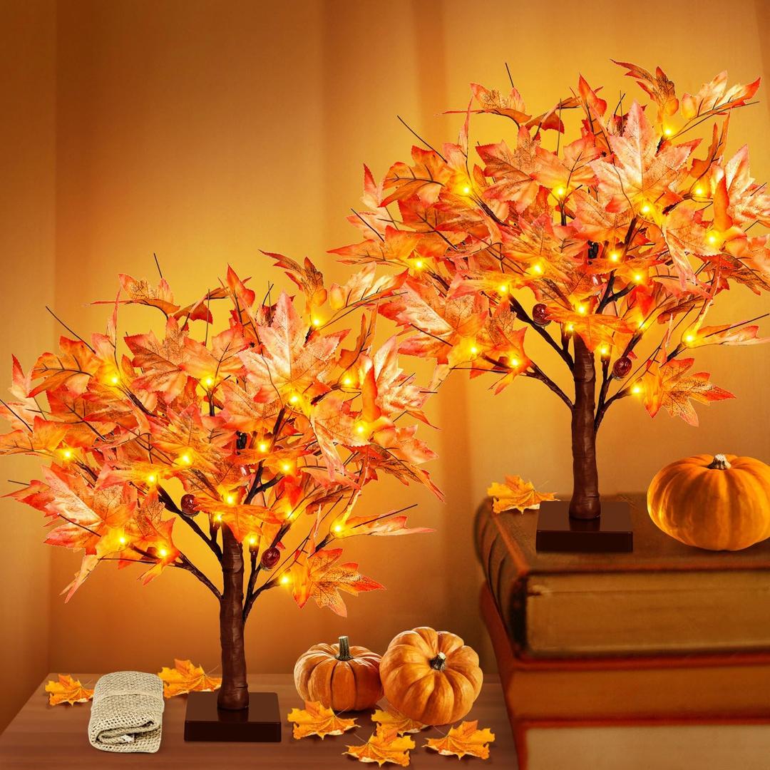 Remon 36 LED Lighted Fall Maple Tree - 1.5FT Thanksgiving Tabletop Lamp Decor with, 72 Maple Leaves, 6 Acorns, Timer Battery Operated 18 Inch Burlap Base Fall Artificial Tree for Autumn Decorations