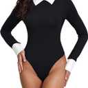 Milumia Women Colorblock Rib Knit Long Sleeve Doll Collar Keyhole Back Bodysuit Shirt Top (X-Small)