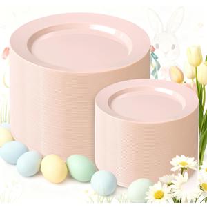 FLOWERCAT 200PCS Pink Plastic Plates Disposable Plates for Party - Heavy Duty Plastic Plates - 100 10" Pink Dinner Plates and 100 7" Pink Salad Plates for Weddings, Easter Parties, Mother's Day