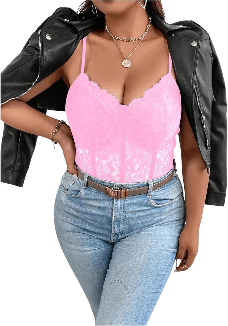 COZYEASE Women's Plus Size Lace Bustier Cami Bodysuit Sleeveless Sheer Mesh Corset Romper (L)
