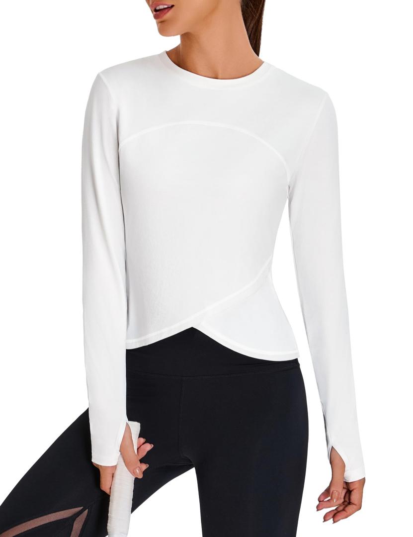 BMJL Womens Workout Tops White Long Sleeve Shirts Fall Yoga Hiking Tshirts Cute Crop Tops Gym Thumb Hole(M,White)