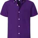 Boys Oxford Button Down Shirt Short Sleeve Formal Uniform Dress Shirts with Pocket (Purple)