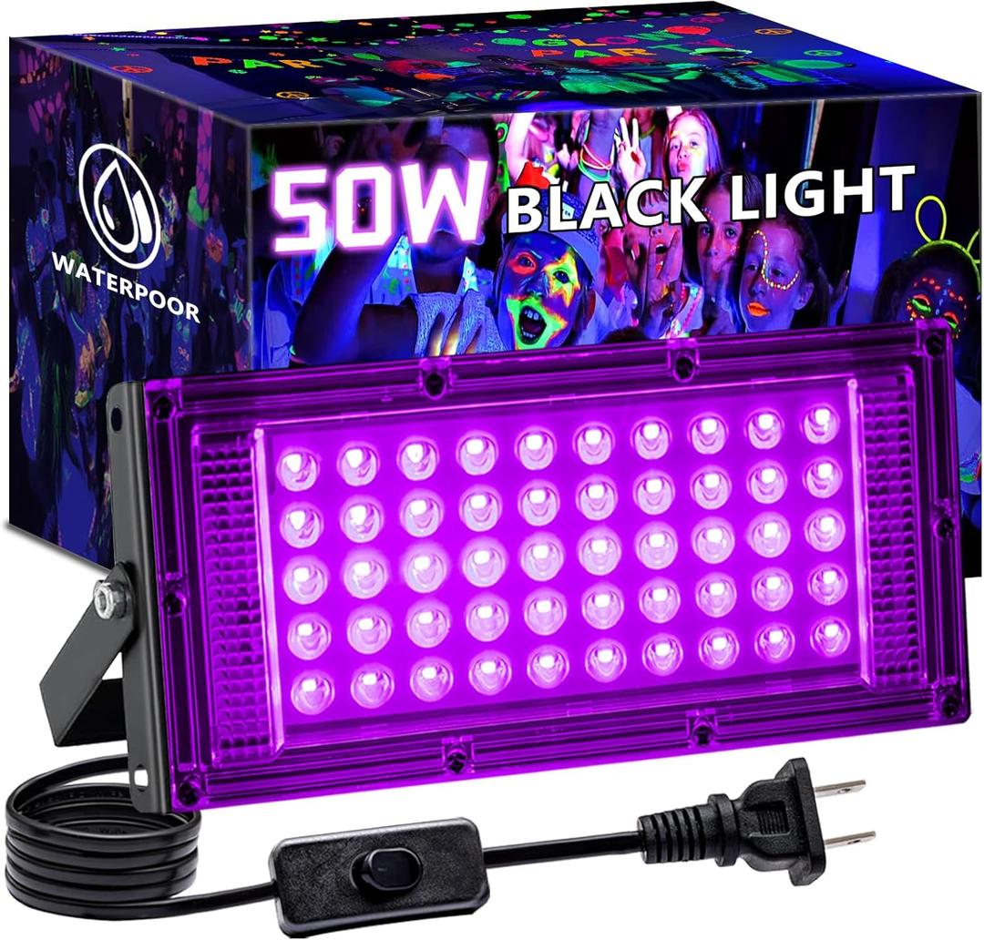 1 Pack 50W Black Light, LED Blacklight with US Plug and Switch, Black Lights for Glow and Neon Parties, Halloween, Body Painting, Birthday Party, Fluorescent Painting and Tapestry