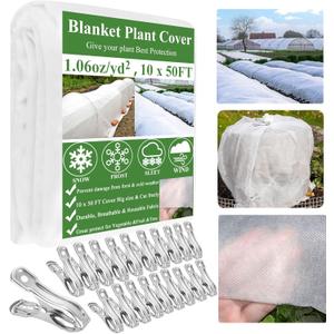 Plant Covers Freeze Protection 10 x 50Ft with 20 Stainless Steel Clip- Frost Cloth Plant Blankets Garden Fabric Freeze Cover for Outdoor Plant Raised Bed Greenhouse Winter Frost Sun Protection