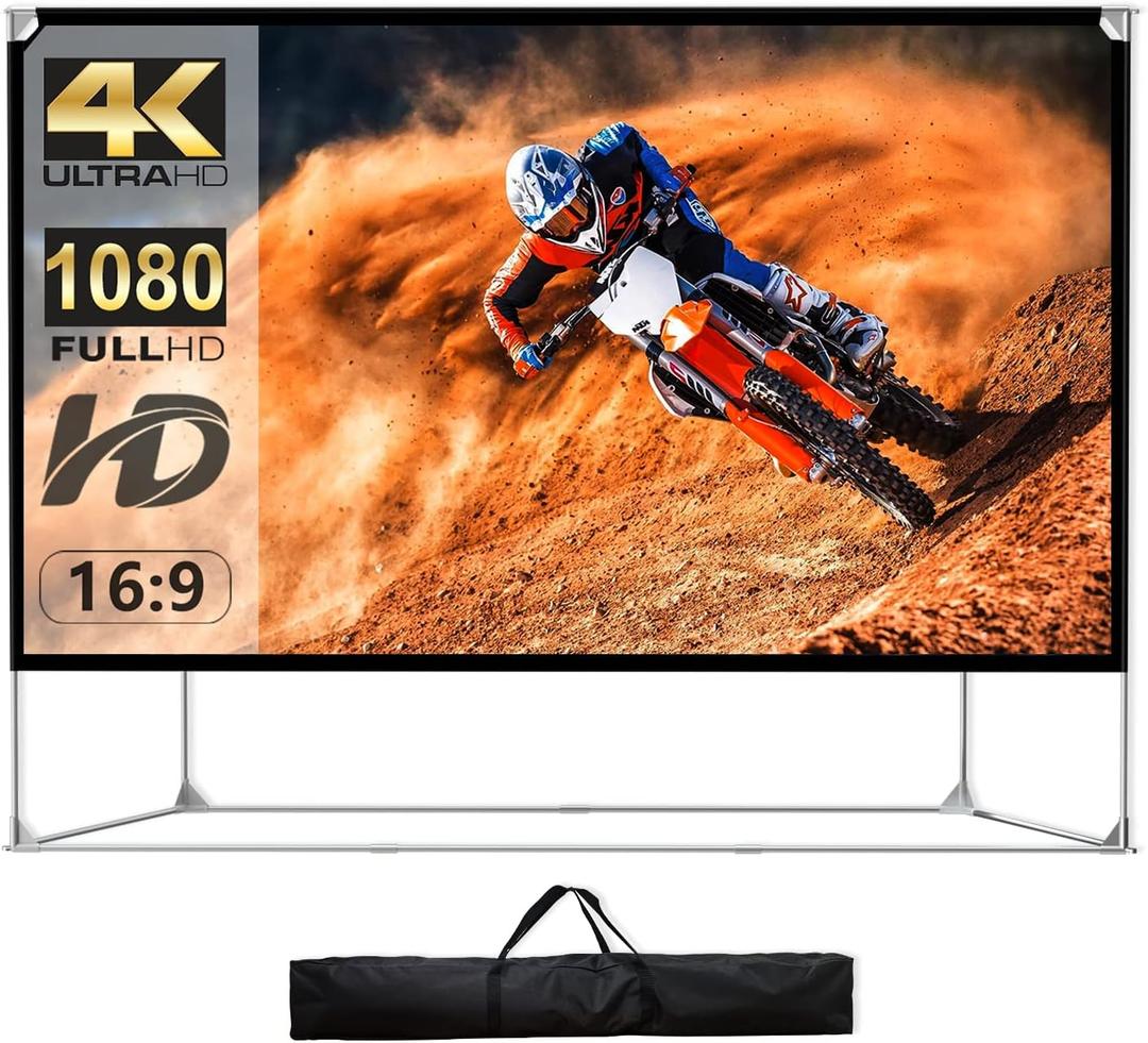 Projector Screen and Stand 150 inch 16:9 HD 4K Large Outdoor Projector Screen Portable Projection Movie Screen with Carry Bag for Home Theater Backyard Cinema Travel Foldable Anti Crease Windproof