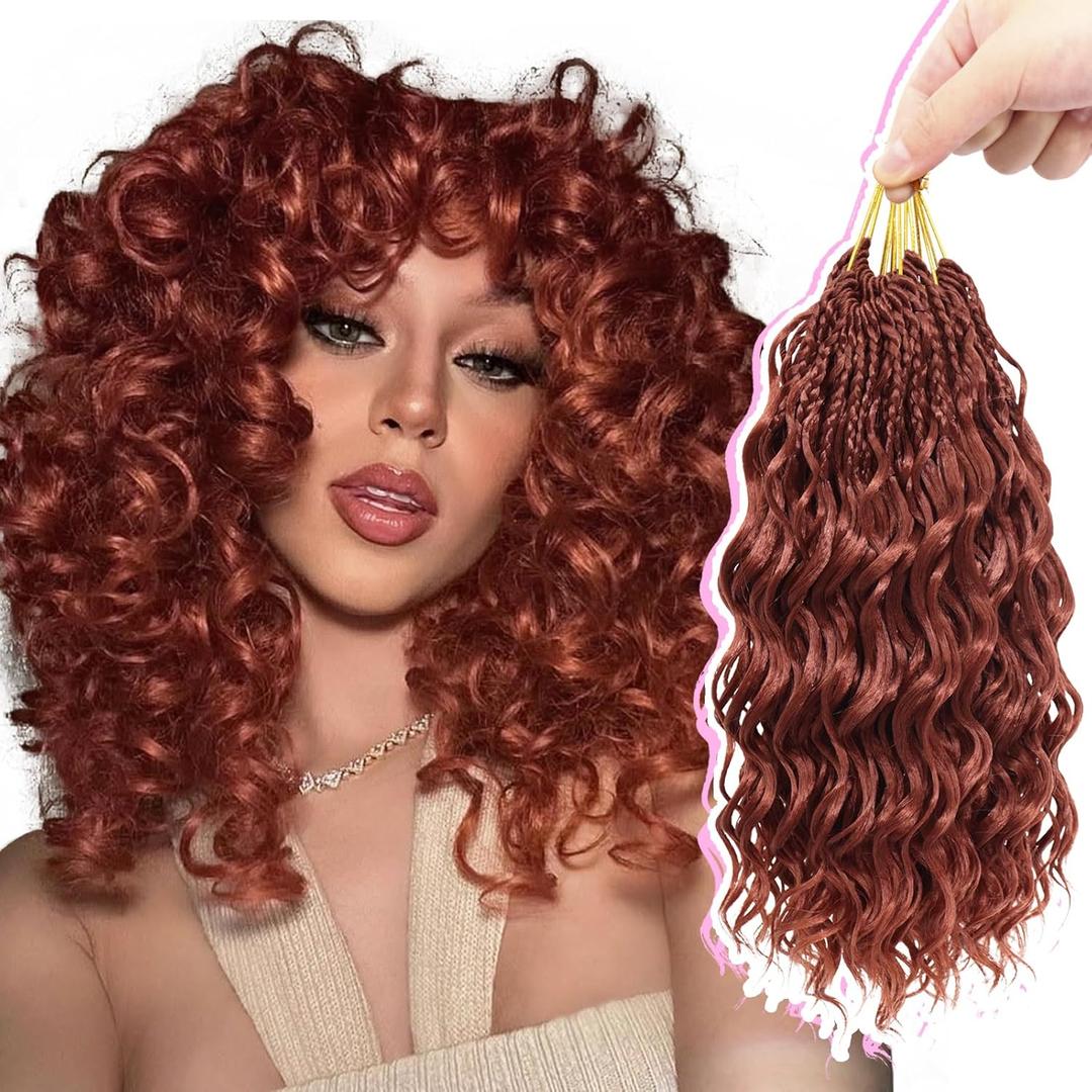 Gowit Pre Looped Deep Wave Crochet Hair 12 Inch 7 Packs Short Curly Reddish Brown Pre Twisted Ocean Wave Deep Twist Crochet Braids Synthetic Braiding Hair for Black Women