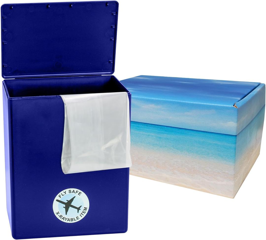Seashore Themed TSA Approved Fly-Safe and Temporary Travel Cremation Urn Kit for Human Ashes - Airline and Mail Friendly - 200 Cubic Inch Capacity - Blue Plastic Urn with Seascape Mailing Box