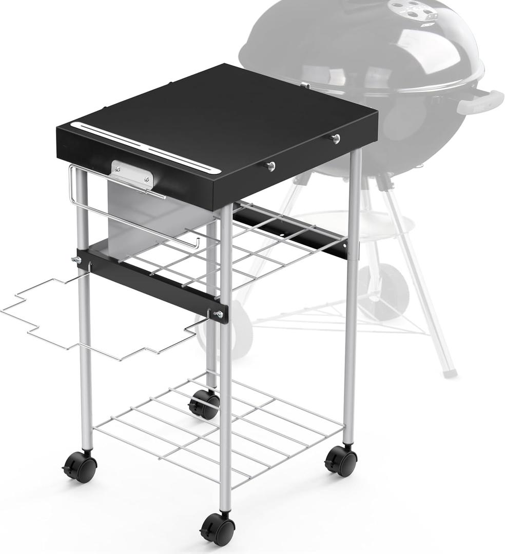 Grill Table Cart for Weber 22 inch Kettle 18in Charcoal Camping Carts for Blackstone 17 inch Griddle Accessories Outdoor Grillling Side Tables Freestanding Barbecue Shelves with Wheels Storage