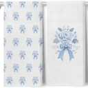 Blue Coquette Bow Floral Grandmillennial Kitchen Towels, Vintage Blue Toile French Country Flower Decorative Dish Hand Tea Towels for Bathroom Kitchen, 16x24 Inch Set of 2