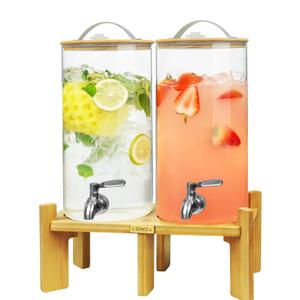 L'PICA 1.5 Gallon Drink Dispenser for Parties 2 PCS, Beverage Dispenser Set of 2, Glass Drink Dispensers with Wood Stand, Large Drink Dispenser with Stainless Steel Spigot 100% Leakproof, Wood Lid.