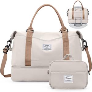 Weekender Bags for Women,Personal Item Travel Bag with Shoes Compartment,Overnight Travel Duffel Bag with Toiletry Bag (Large, Wr-Beige&Brown with Laptop Pocket)