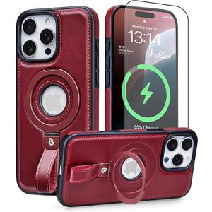 BUTAIGA for iPhone 16 Pro Leather Case with Stand, AntiSlip Grip Ring, Fits for MagSafe (Burgundy, IP 16 Pro6.3inch)