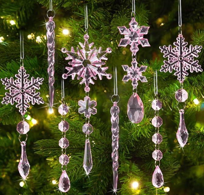 18pcs Crystal Christmas Ornaments for Christmas Tree Decorations-Light Pink Hanging Acrylic Snowflake and Icicle Ornaments with Drop Pendants for New Year Party Decorations Supplies