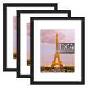 upsimples 11x14 Picture Frame Set of 3, Made of High Definition Glass for 8x10 with Mat or 11x14 Without Mat, Wall and Tabletop Display Photo Frames, Black