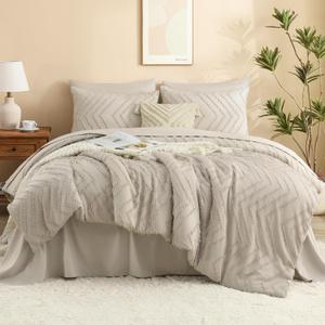 Litanika California King Size Comforter Set with Sheets Beige - 7 Pieces Bed in a Bag Cal King Chevron Tufted Complete Bedding Sets with Comforter, Sheets, Pillowcases & Shams