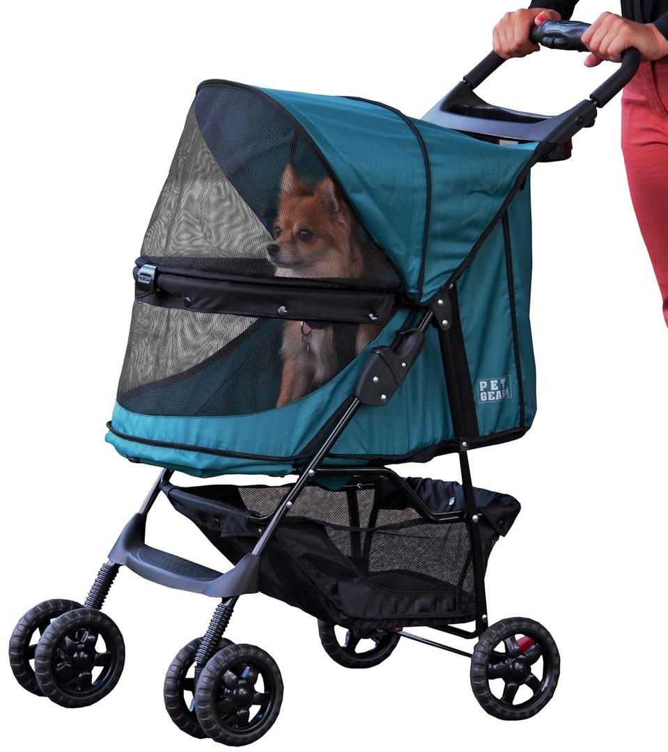 Pet Gear No-Zip Happy Trails Pet Stroller for Cats/Dogs, Zipperless Entry, Easy Fold with Removable Liner, Storage Basket + Cup Holder, Pine Green