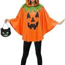 Hooded Adult Pumpkin Poncho Costume for Women - 2025 Christmas Jack-O'-Lantern Poncho & Candy Bag, One Size (Orange)