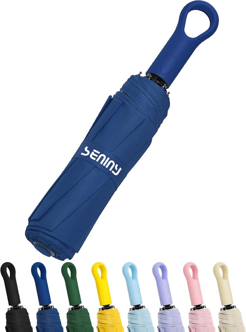 Seniny Umbrellas for Rain with Ring Buckle - Travel Umbrella Compact for Backpack, Car, Walking, Automatic UV Umbrella for Sun Protection, Small Portable & Folding Umbrellas for Windproof, Women Kids (Dark Blue)