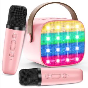 Bluetooth Karaoke Machine Toy for Kids- Mini Karaoke with 2 Wireless Microphone, Voice Changer & LED Lights, Portable Karaoke Mic for 3-8 Year Old Girls, Great for Birthday Home Party (Pink)
