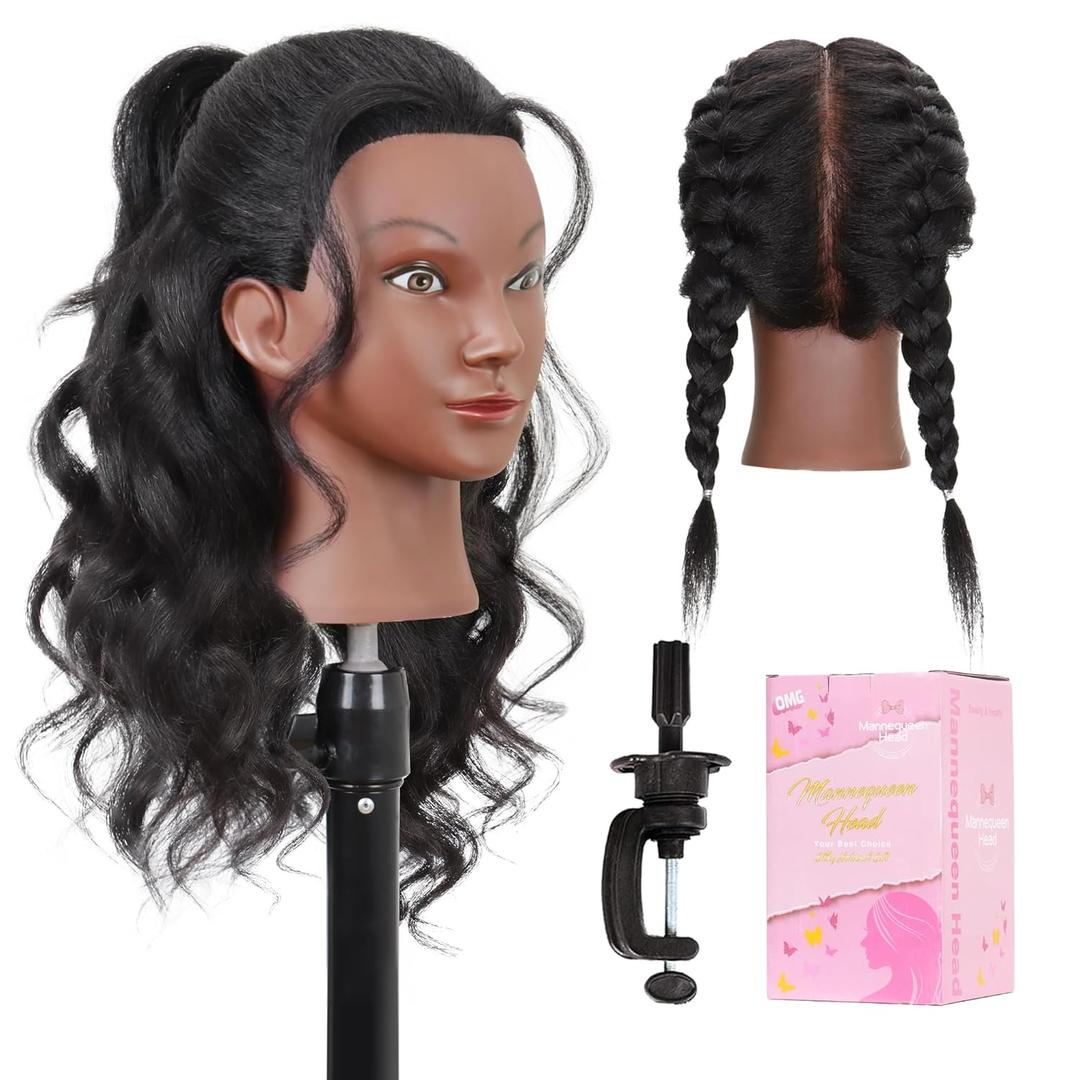 Mannequin Head with Human Hair 16" Cosmetology Manikin Doll Head 100% Real Human Hair for Styling Hairdresser Practice Braiding with Free Clamp Holder