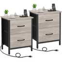 Vagusicc Nightstand Set of 2 with Charging Station, End Table Bedside Table with Power Outlet & USB Ports, Side Table with 2 Fabric Drawers for Bedroom, Living Room, Greige