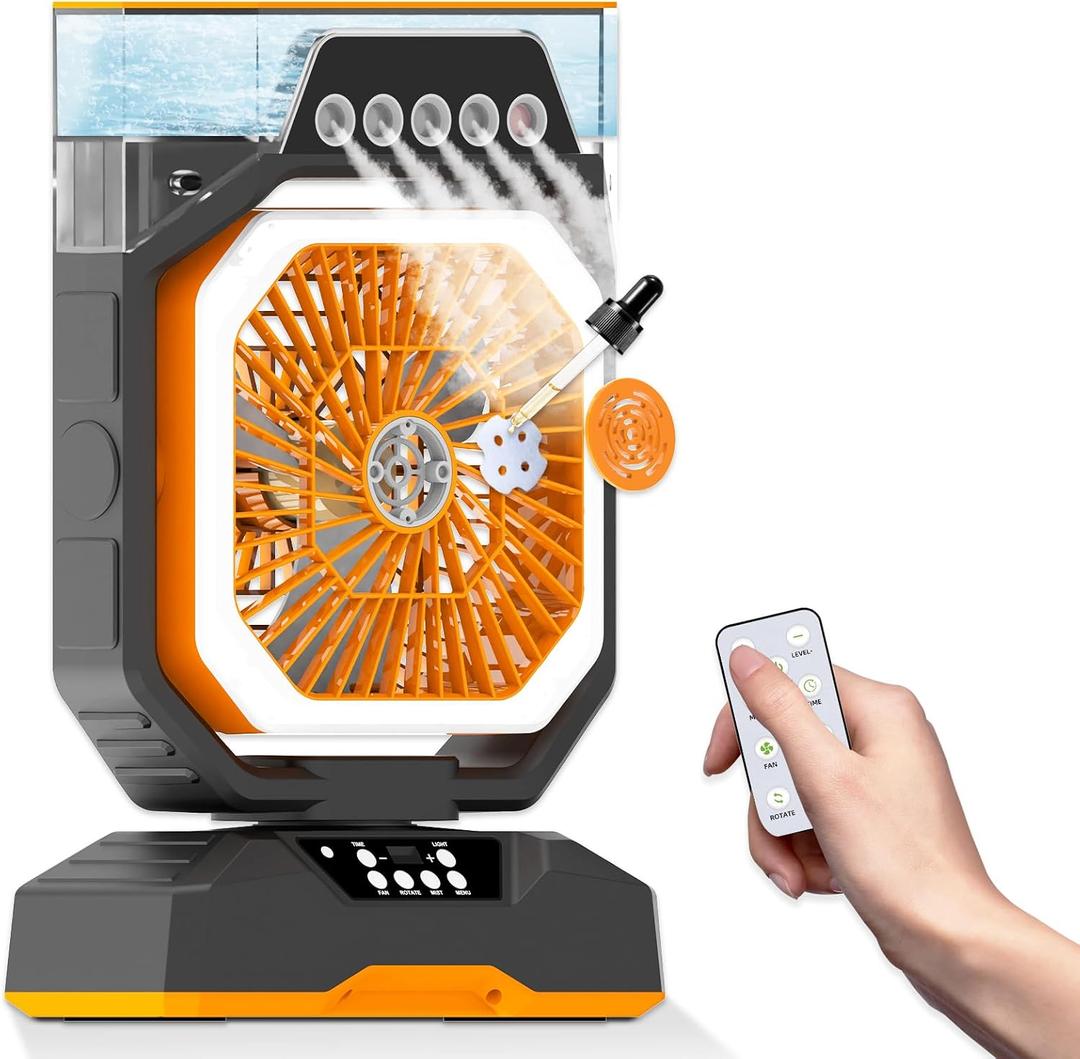 Desk Fan 5 Sprayers Rechargeable Misting Fan for Camping & Home  6 Speed Portable Cooling Fan with Mist 560ml Water Tank Aromatherapy Diffuser Timer 27000mAh Fast-Charging Battery (Black & Orange)