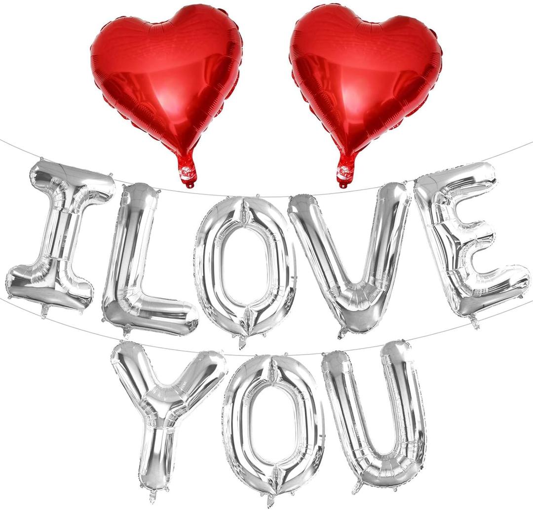 16 Inch Silver I LOVE YOU Red Heart Balloons, 10 Pcs Silver ILOVEYOU Letters Balloons Red Heart Banner for Valentine's DAY Wedding Ceremonies Party Decorations I LOVE YOU