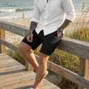 JMIERR Mens Casual 7" Shorts Summer Drawstring Elastic Waist Beach Sweat Shorts Texture with Pockets (Black), Large
