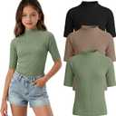 3 Pack Girls' Shirts Teen Summer Tops Mock Turtleneck Slim Fit Ribbed Half Sleeve Fashion Tees Kids Clothes Trendy 11-12Y