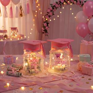 Newtay 2 Set Pink 2026 Graduation Table Decoration LED Light up Graduation Money Gift Ideas Mason Jar for Her Grad Hat Stickers Pearl String Ribbon Class of 2026 Grad Centerpiece High School College